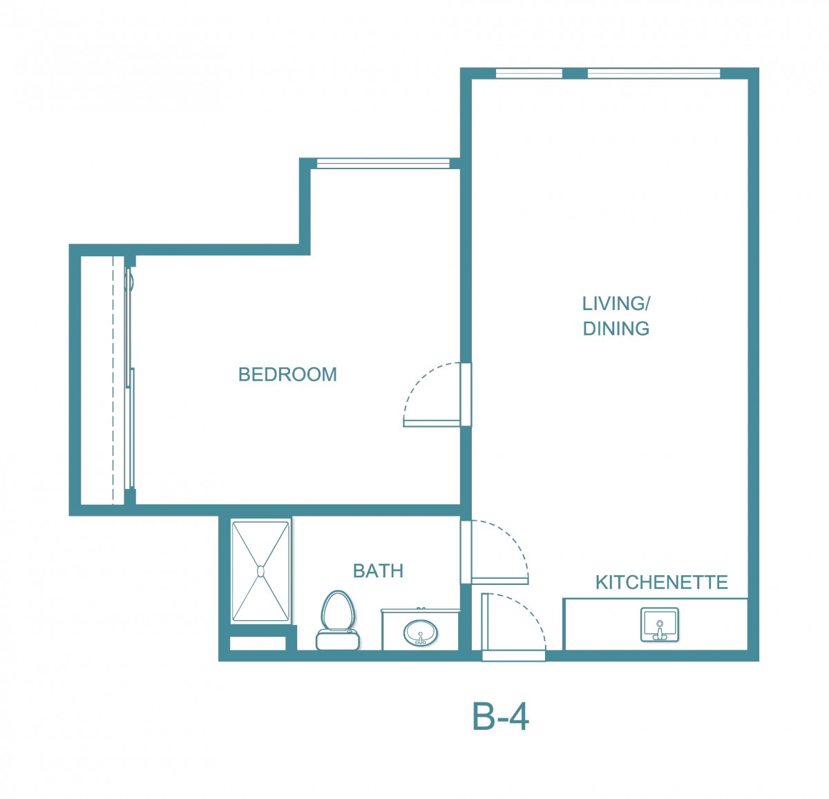 A one-bedroom apartment floor plan with labeled living and dining area, kitchen, bedroom, and bathroom.