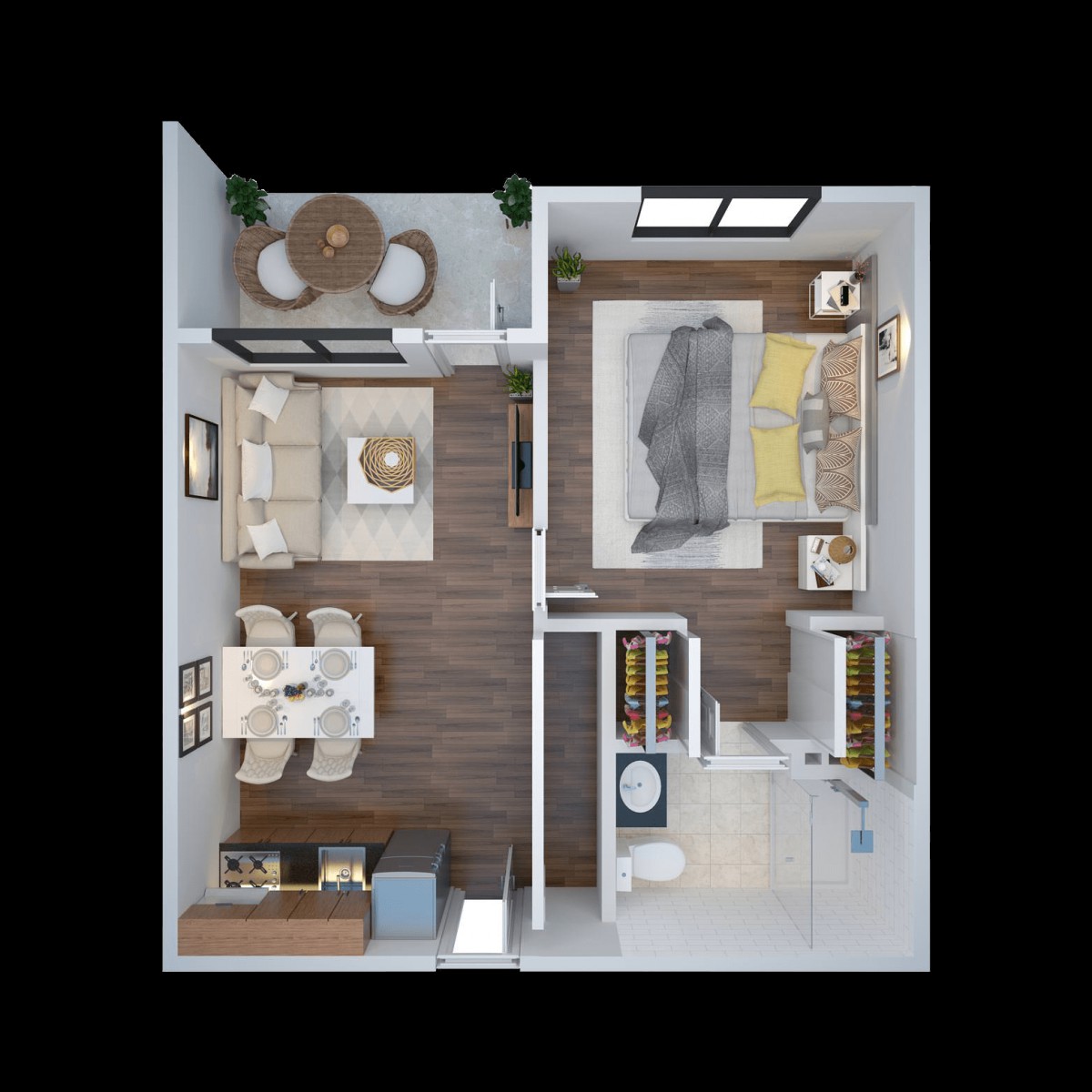 A detailed floor plan of a one-bedroom apartment with labeled rooms.