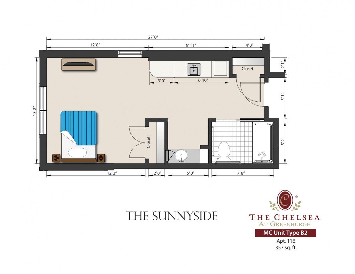 Floor plan of 'The Sunnyside' at The Chelsea, featuring a 1-bedroom layout.