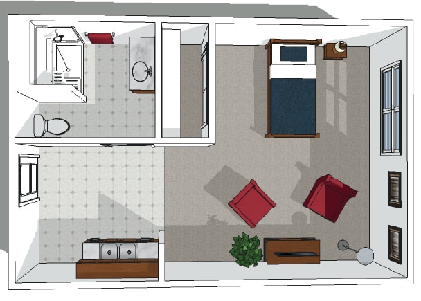 A floor plan of an apartment featuring a bedroom and a bathroom with furniture layout.