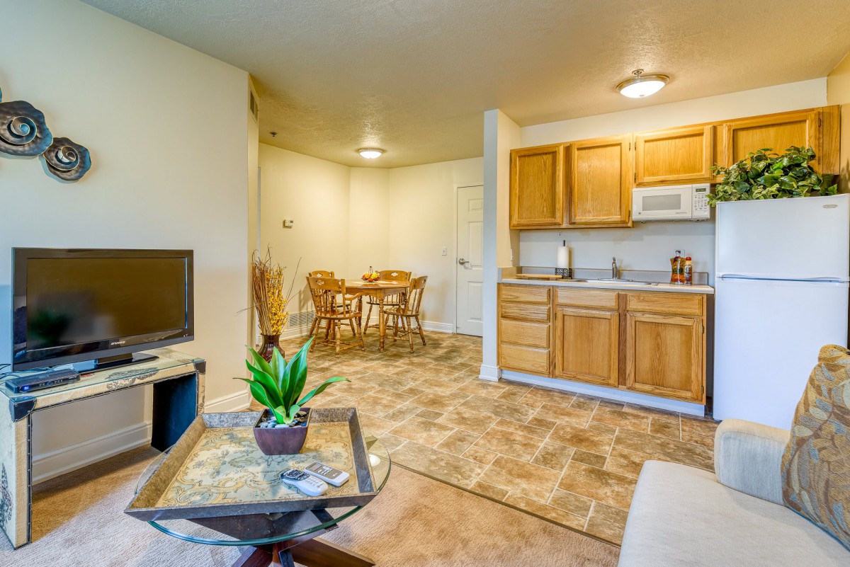 An open floor plan living space featuring a cozy living room with a television, adjacent to a kitchen with wooden cabinets and a dining area.