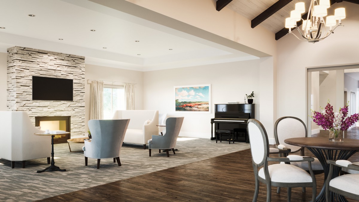 A spacious and elegantly designed living room featuring comfortable seating, a piano, and wall art, all accented by warm wood flooring and bright natural light.