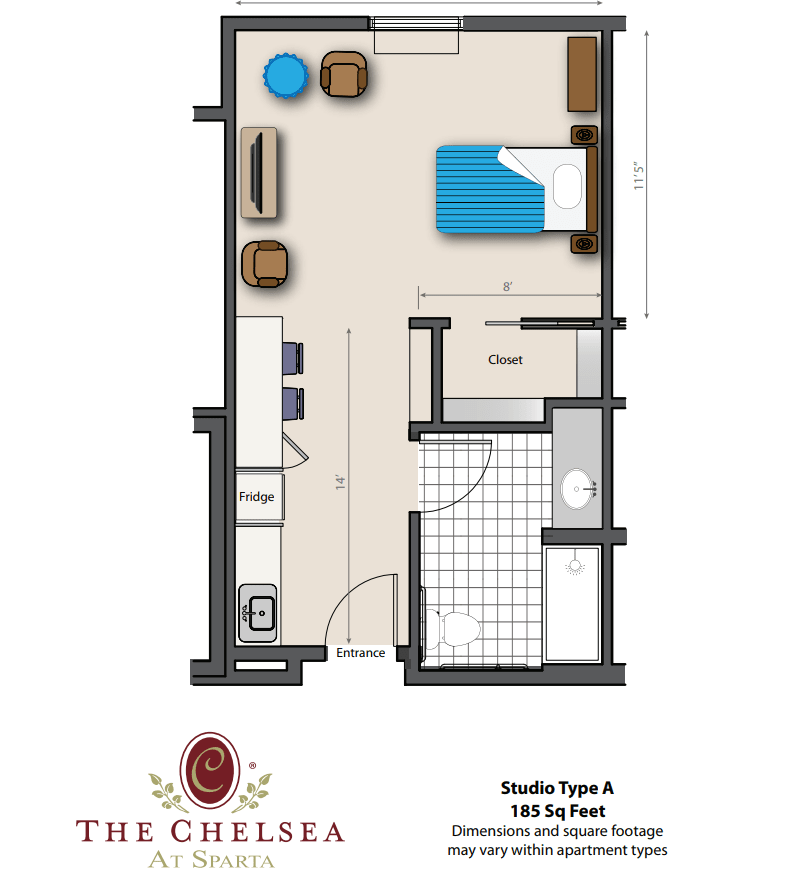Floor plan of a studio apartment at The Chelsea, featuring a combined living and sleeping area with an attached bathroom and kitchen.