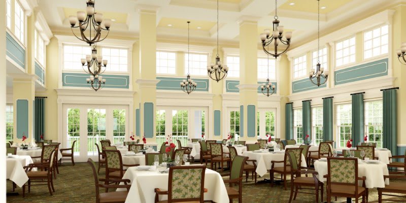 An elegant restaurant dining room with chandeliers, beautifully set tables, and classic decor.