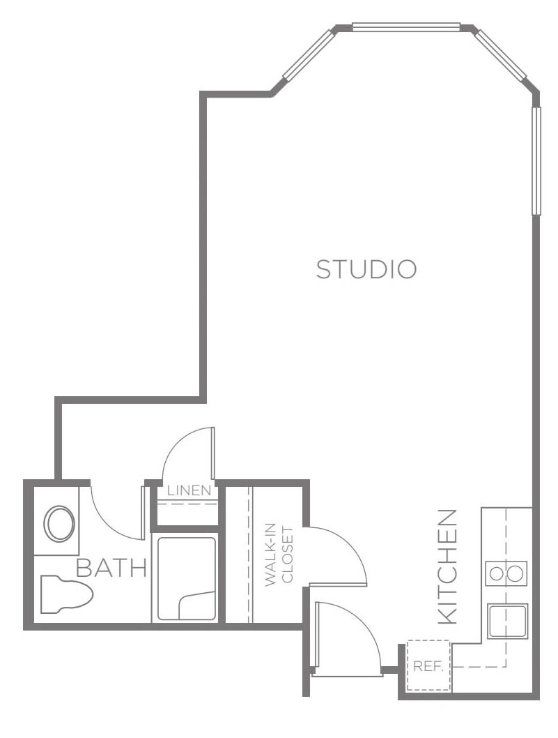 Studio apartment floor plan layout.