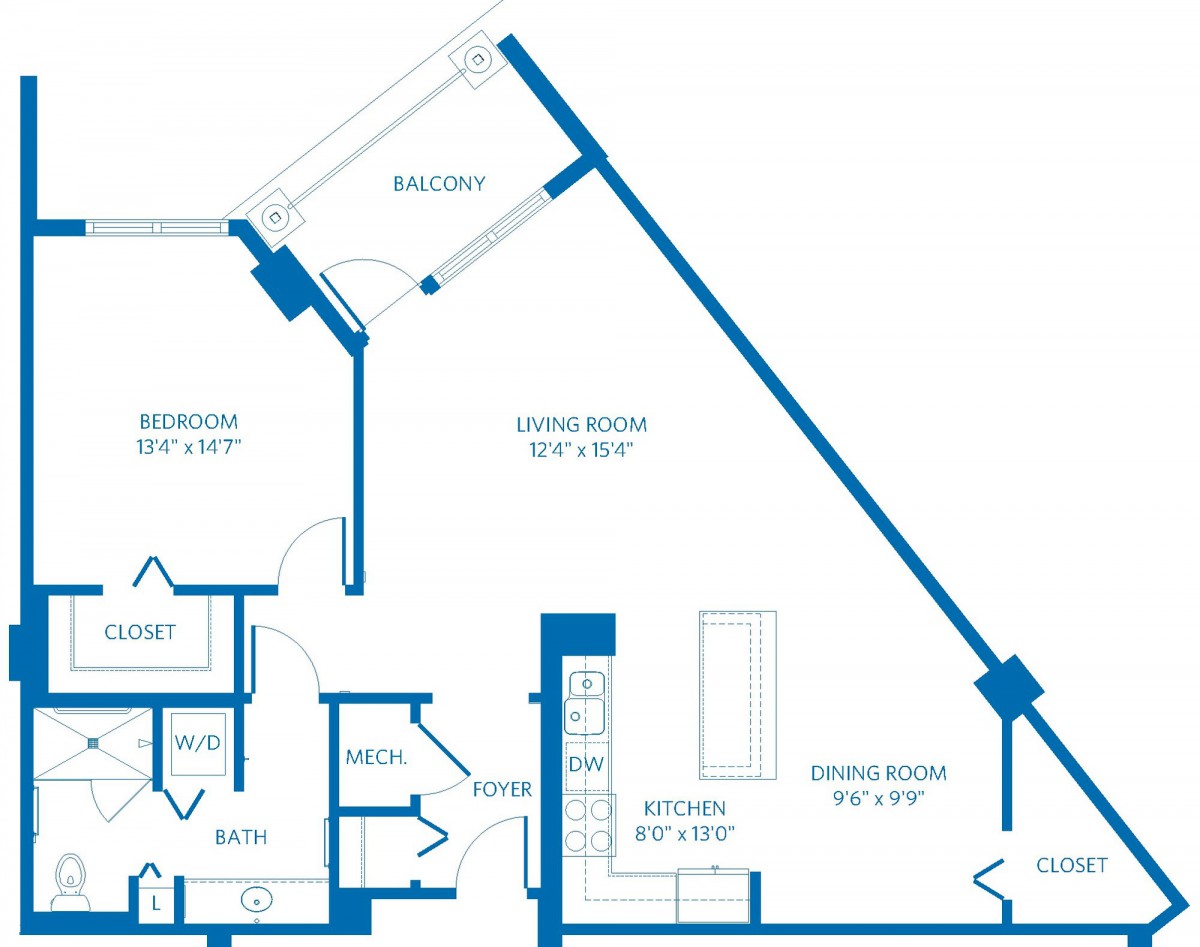 A blueprint of an apartment layout showing room dimensions and arrangement.