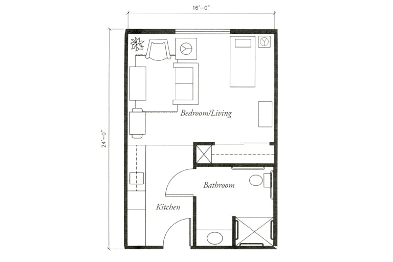 A floor plan of a studio apartment featuring a combined bedroom and living area, kitchen, bathroom, and entryway.