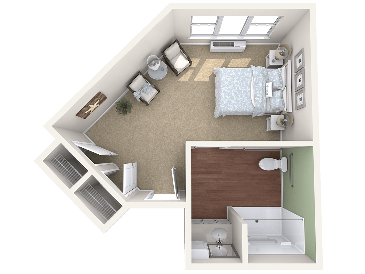 A floor plan showcasing a bedroom and an attached bathroom, highlighting furniture layout and room design.