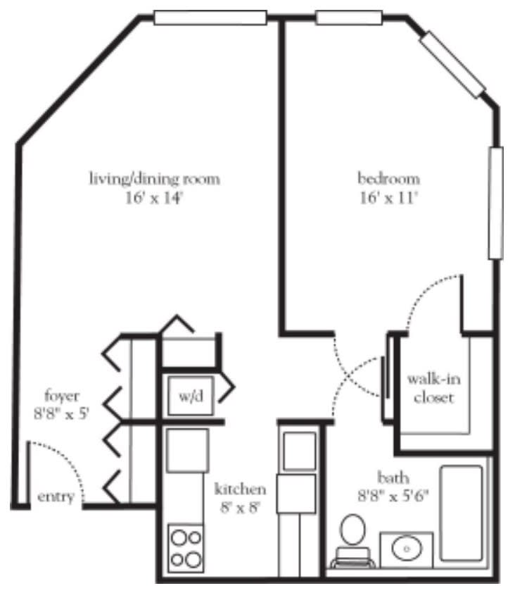 A floor plan of an apartment featuring a living/dining room, bedroom with walk-in closet, kitchen, and bathroom.