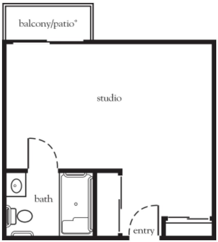 A floor plan of a studio apartment with a bath and balcony/patio.