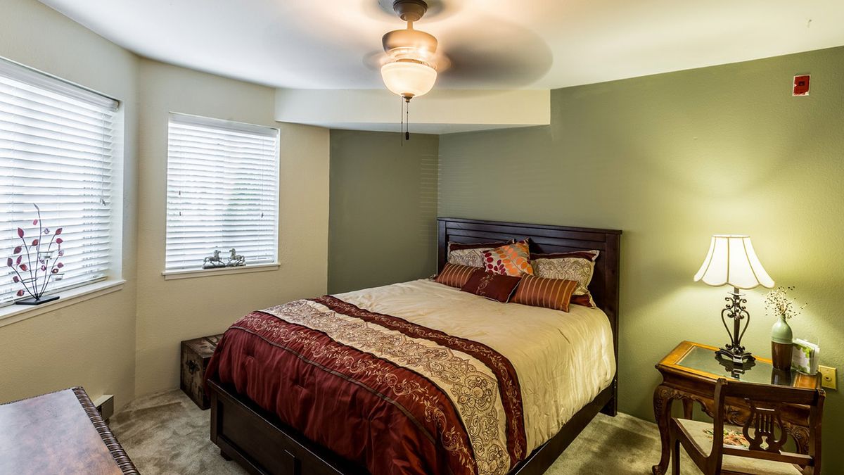 Cozy bedroom with a ceiling fan and stylish bedding.