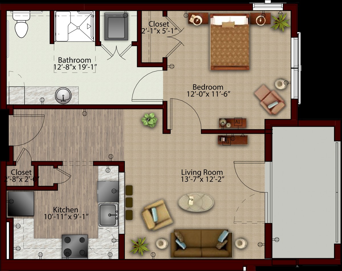 A floor plan of a one-bedroom apartment featuring a living room, kitchen, bathroom, and bedroom.