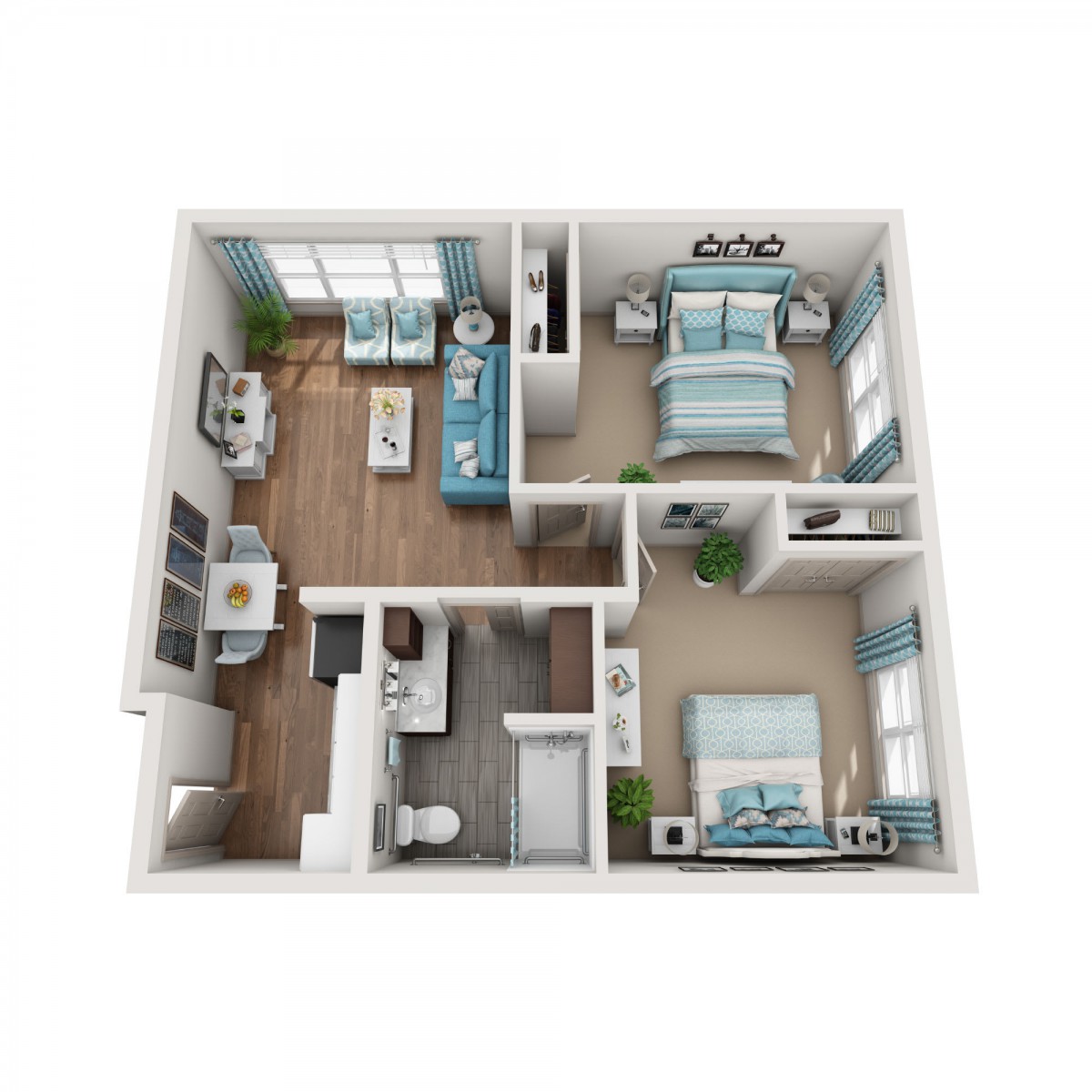 A 3D floor plan of a one-bedroom apartment featuring a living room, kitchen, and bathroom.