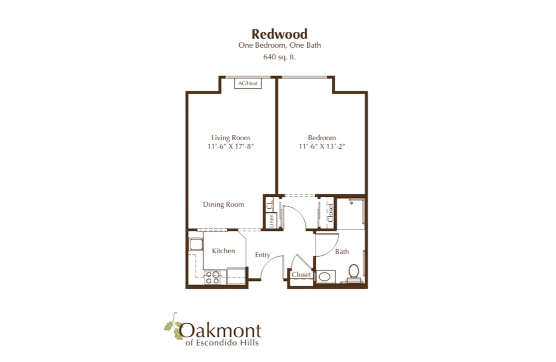 Floor plan of a Redwood one-bedroom apartment at Oakmont.