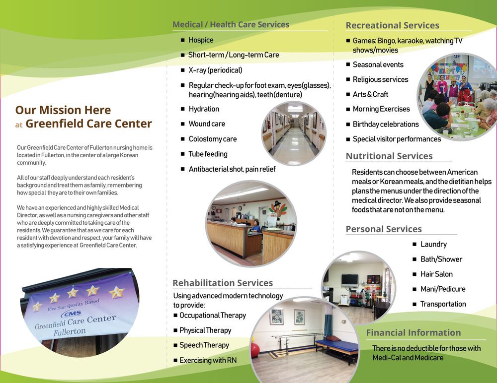 A brochure for Windsor Hills Nursing and Skilled Care Center outlining various healthcare and rehabilitation services.
