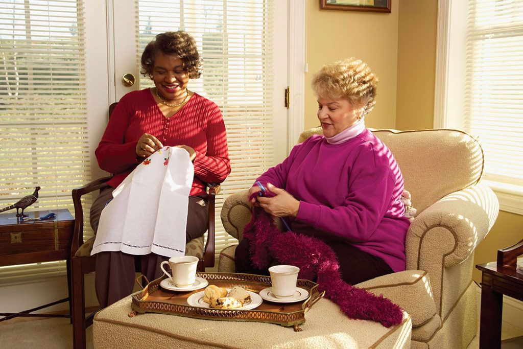 Two women enjoying a relaxing afternoon of knitting and sewing over tea.
