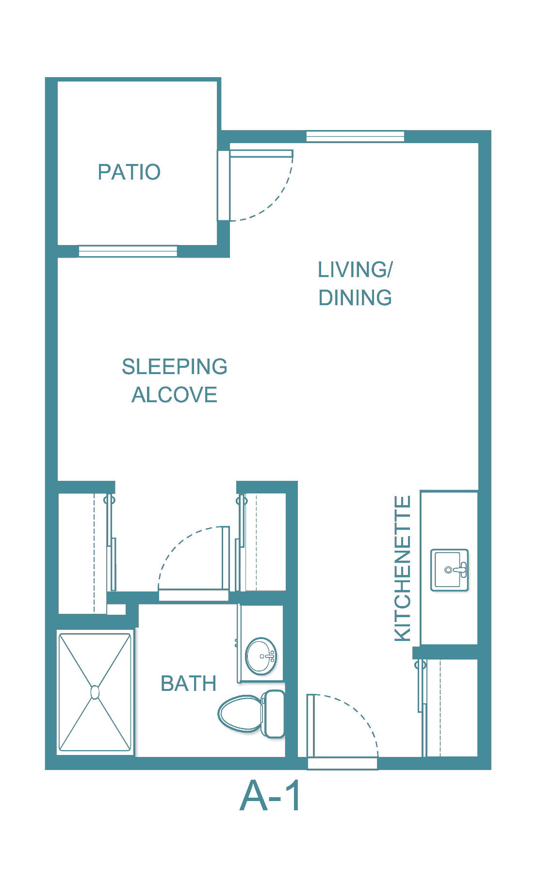 Studio apartment floor plan with a patio, living/dining area, sleeping alcove, kitchenette, and bathroom.