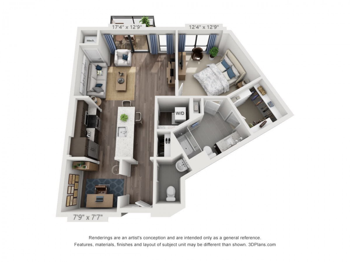 3D floor plan of a one-bedroom apartment with kitchen, living room, bathroom, and bedroom.