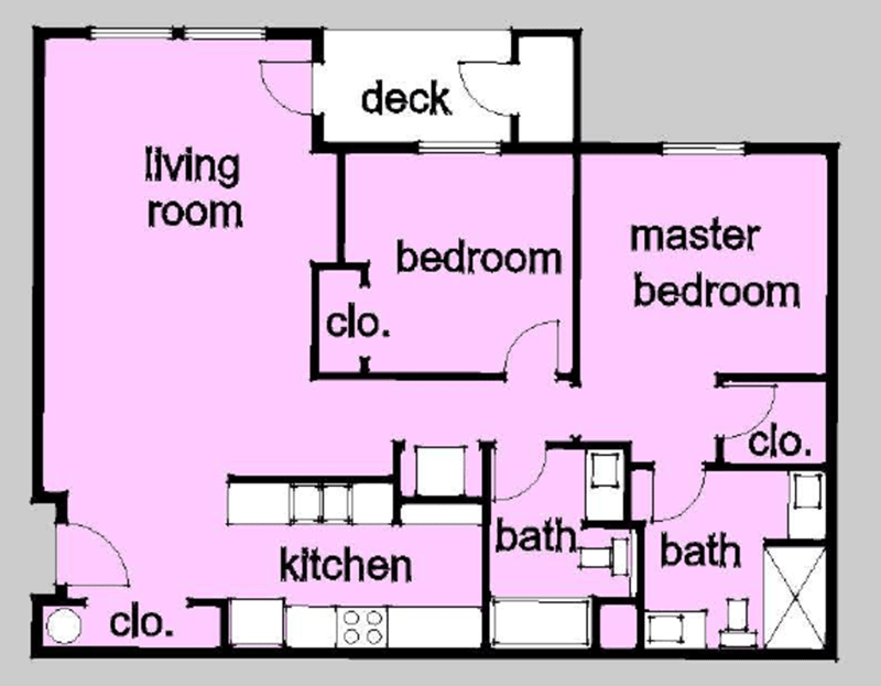 A floor plan of an apartment showing two bedrooms, a living room, kitchen, and two bathrooms.