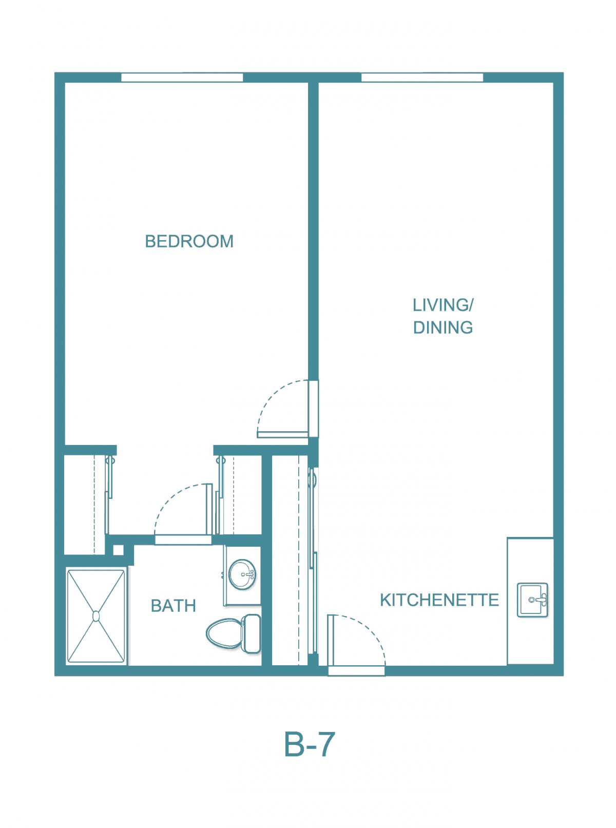 A compact one-bedroom apartment floor plan with a living/dining area, kitchenette, and bathroom.