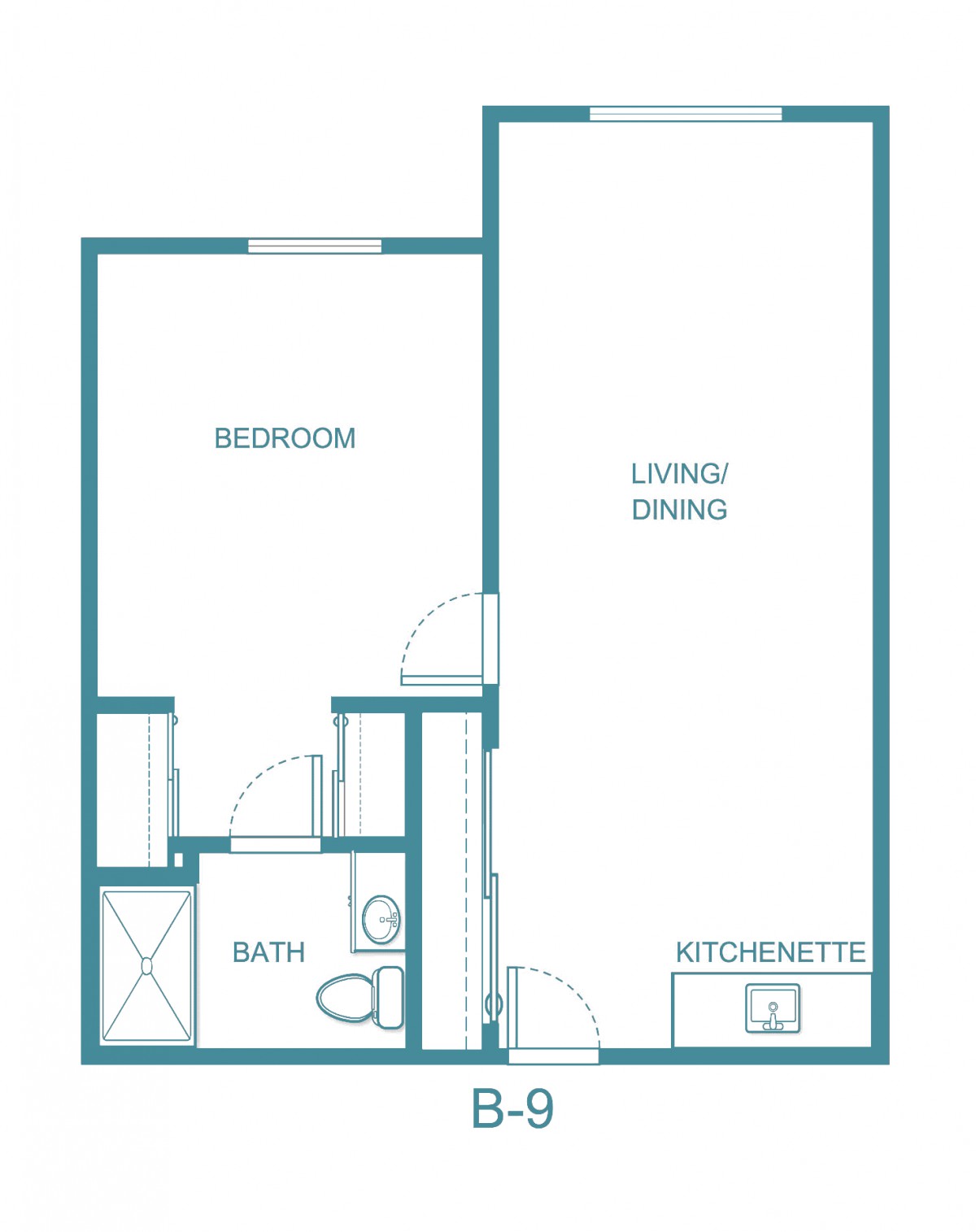 A simple floor plan of a one-bedroom apartment featuring a living/dining area, kitchenette, bathroom, and bedroom.