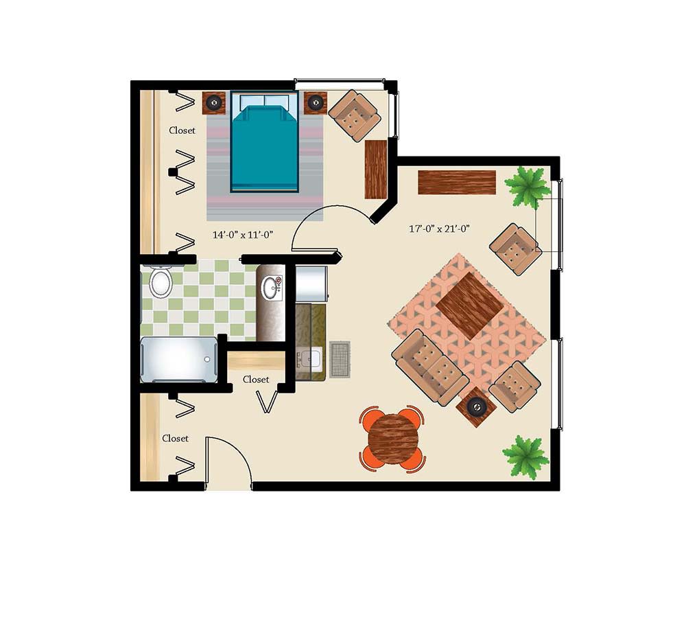A floor plan depicting a one-bedroom apartment with a living room, kitchen, and bathroom.