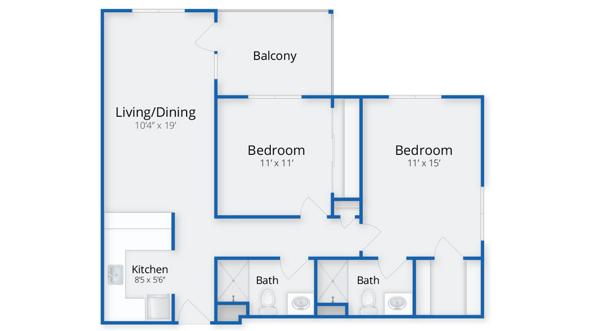 A floor plan of an apartment featuring two bedrooms, a balcony, two bathrooms, a kitchen, and a living/dining area.