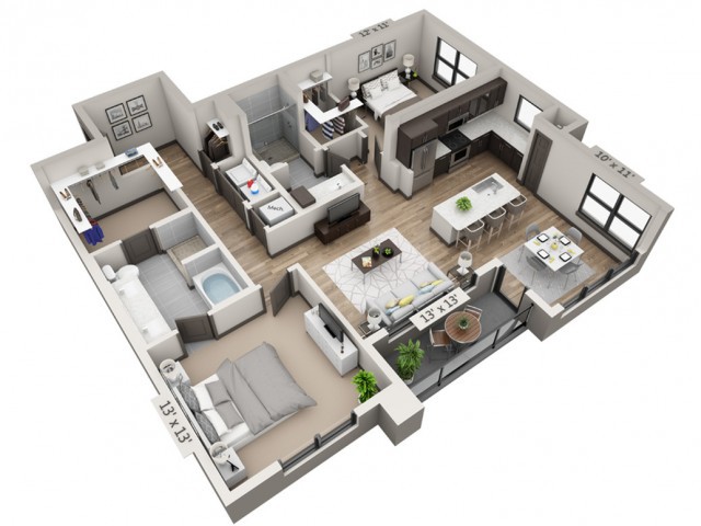 3D floor plan of a modern apartment featuring multiple rooms and open living spaces.
