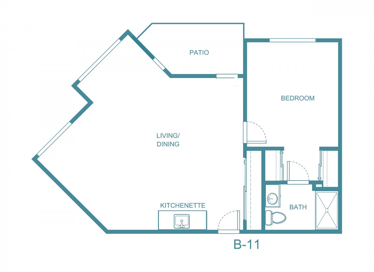 Floor plan of an apartment showing the layout with a bedroom, living/dining area, kitchen, and bathroom.