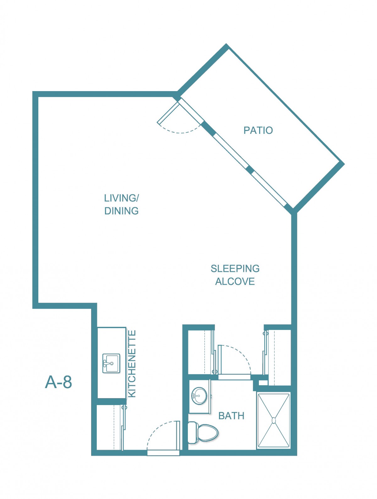 Studio apartment floor plan with a patio, living space, sleeping alcove, and bathroom.