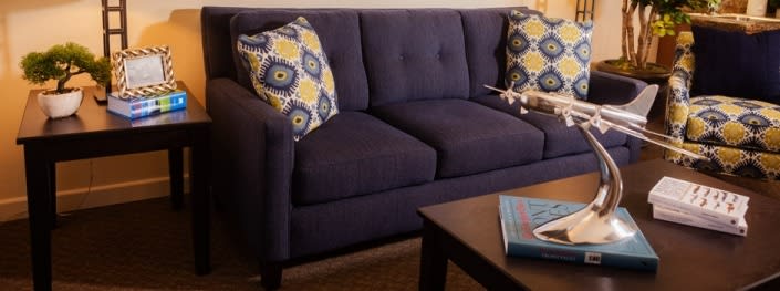 A stylish navy blue sofa with patterned pillows in a cozy living room setting.