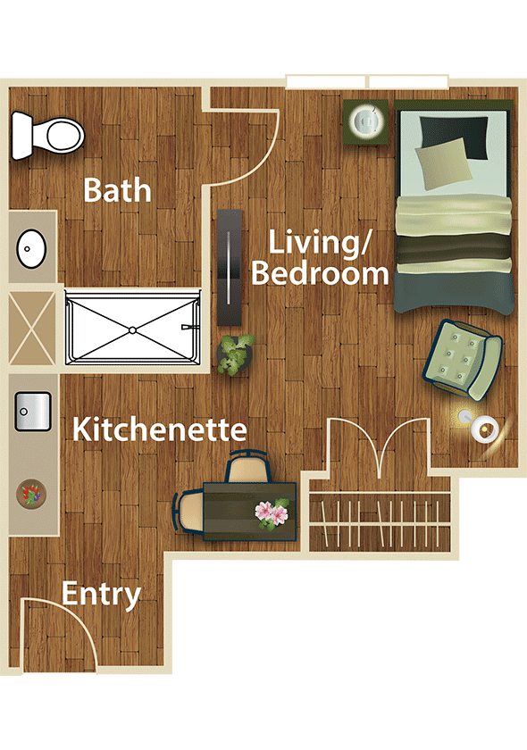 A floor plan of a studio apartment featuring a combined living and bedroom area, kitchenette, and bathroom.