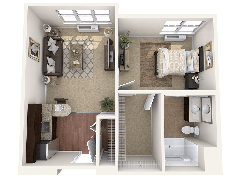 A modern apartment floor plan showing a living room, bedroom, and bathroom.
