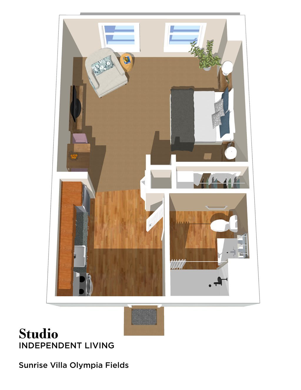 3D floor plan of a studio apartment showing furniture layout and interior design.