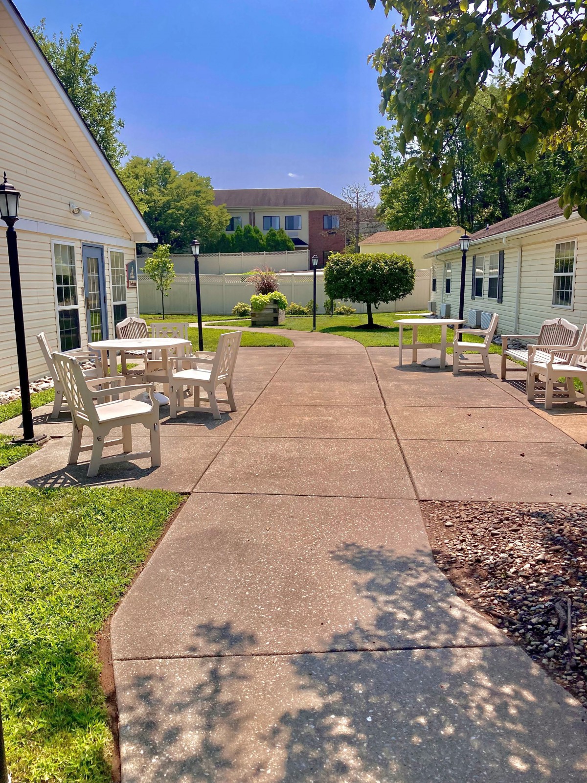 A sunny outdoor patio with tables and chairs, surrounded by greenery.