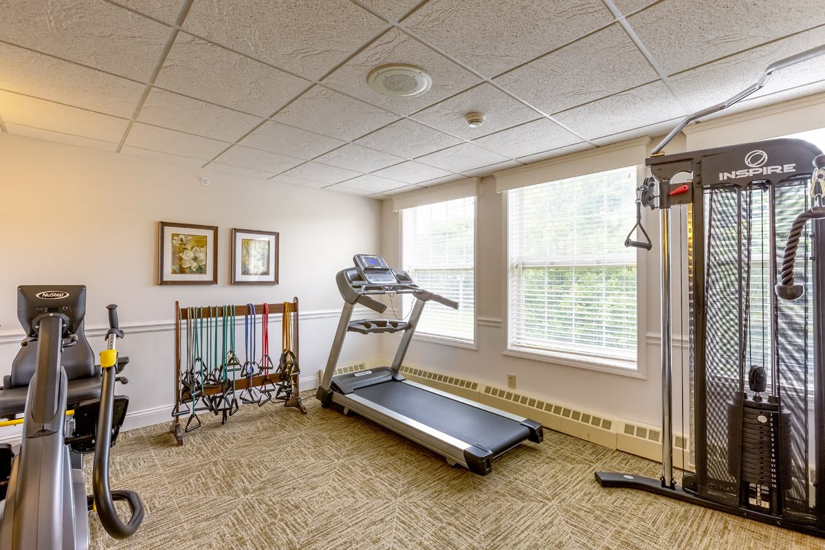 A cozy home gym featuring a treadmill and various workout equipment.