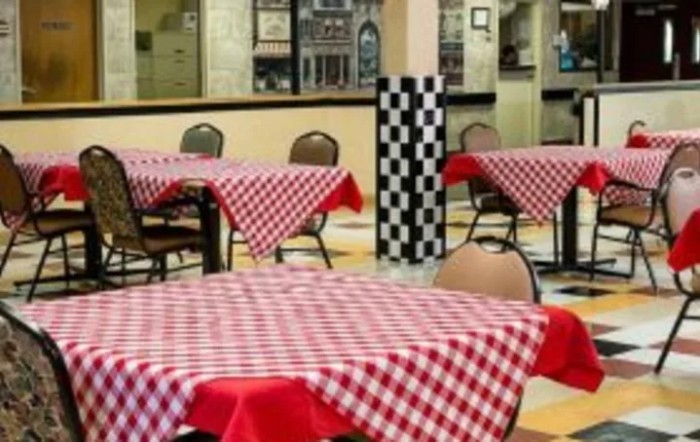 A cozy restaurant interior with checkered tablecloths on the tables.