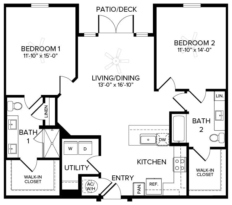 A floor plan of a two-bedroom apartment featuring a kitchen, living/dining area, two bathrooms, and a patio.