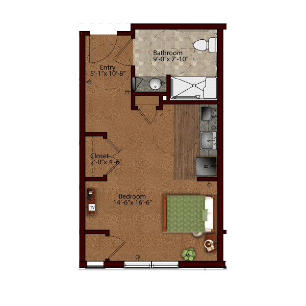 A floor plan of a one-bedroom apartment with an open living area, kitchen, bathroom, and bedroom.