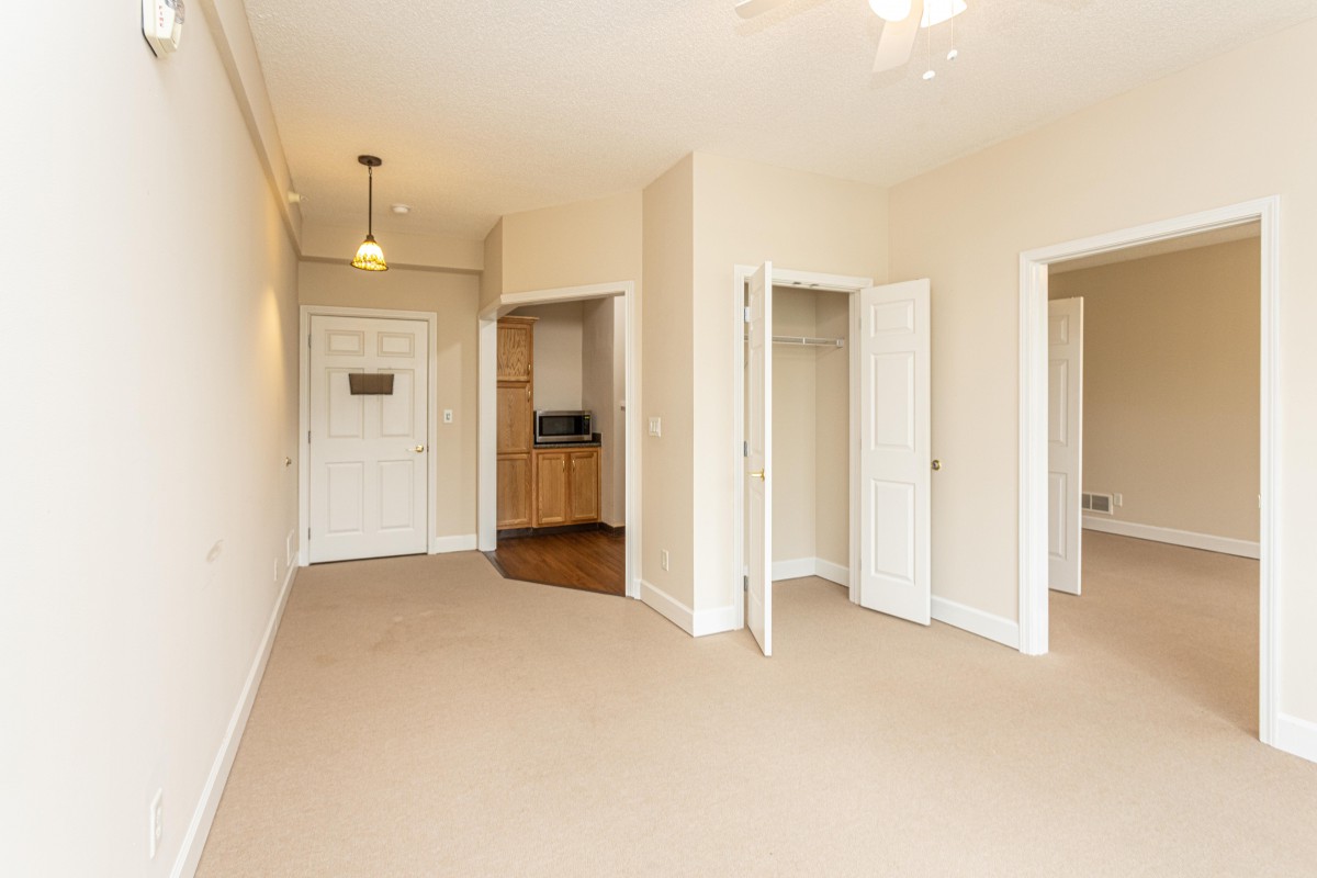 An empty apartment interior with neutral colors, featuring a carpeted floor, built-in closet, and light fixture.