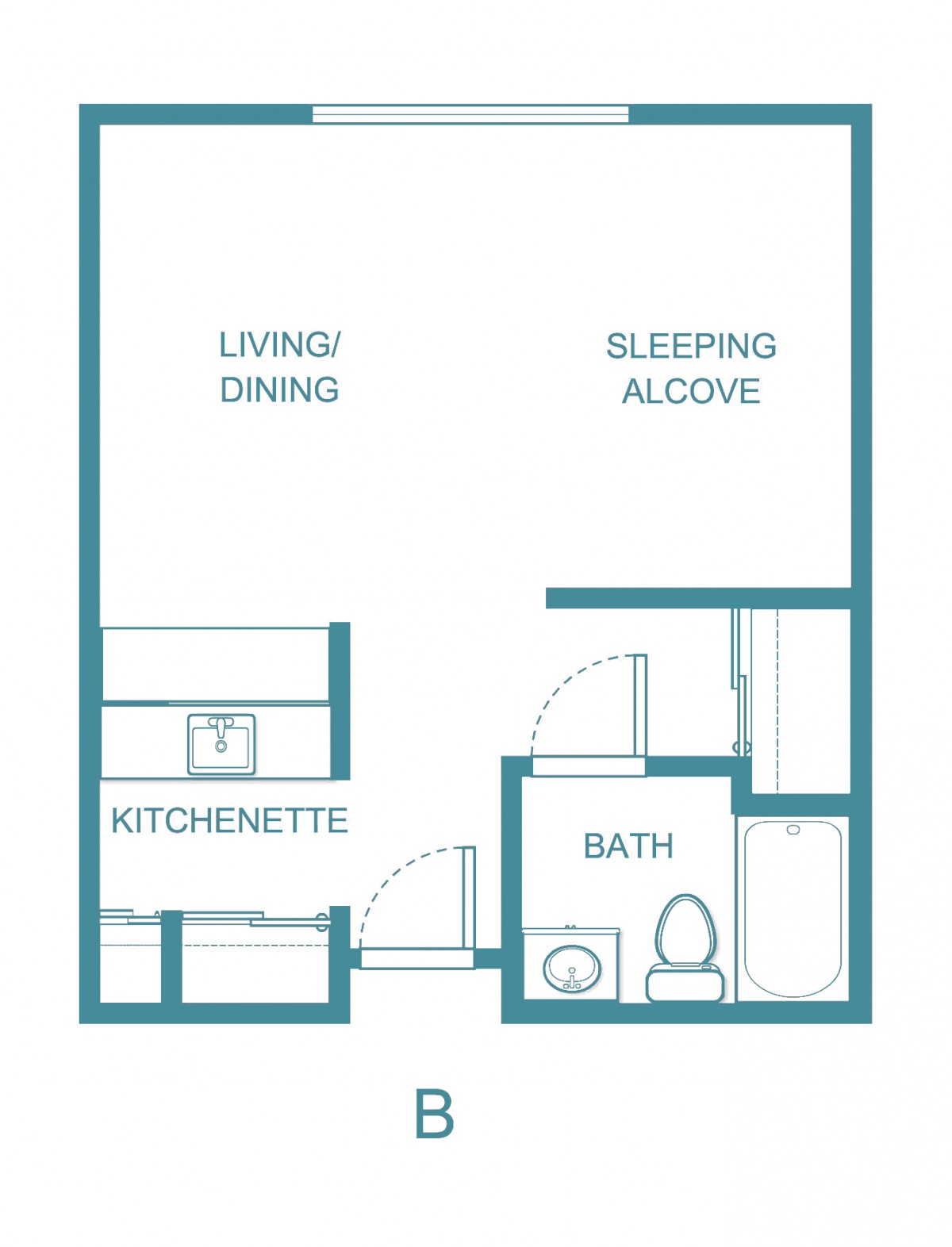 A floor plan of a studio apartment featuring a kitchenette, living/dining area, sleeping alcove, and bathroom.