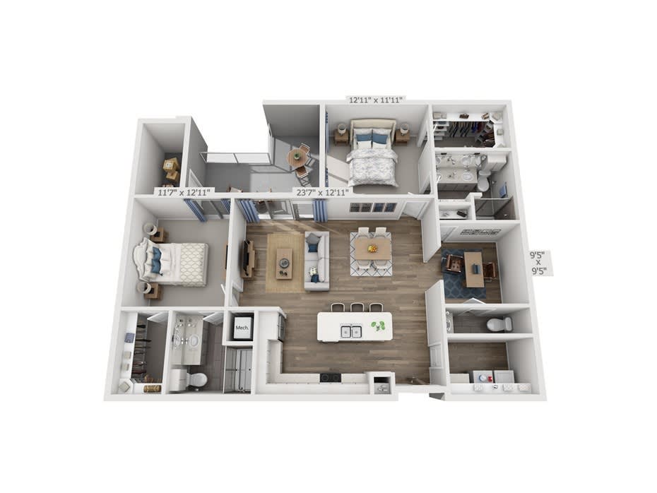 A detailed 3D floor plan of an apartment showcasing various rooms and furnishings.