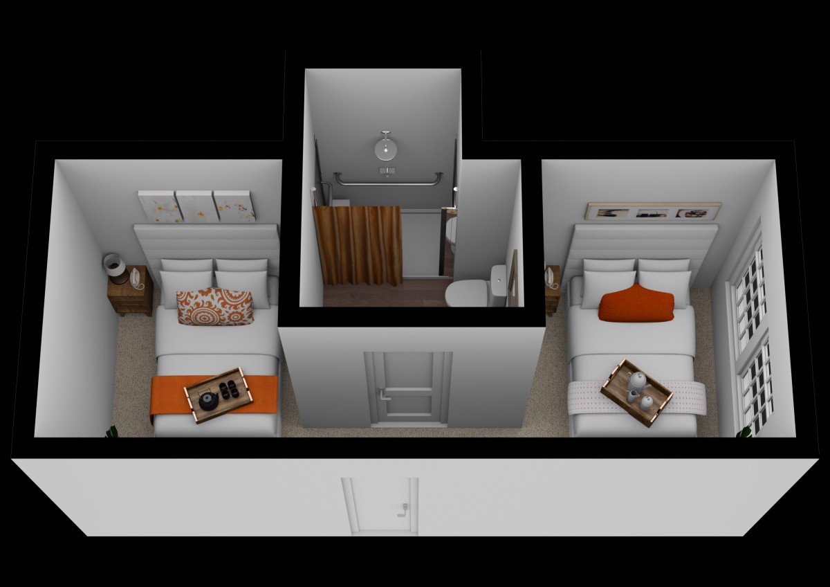 A 3D floor plan showing a layout with two bedrooms separated by a bathroom.