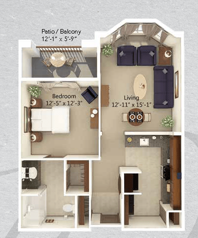 A one-bedroom apartment floor plan featuring a living room, kitchen, bathroom, and a balcony.