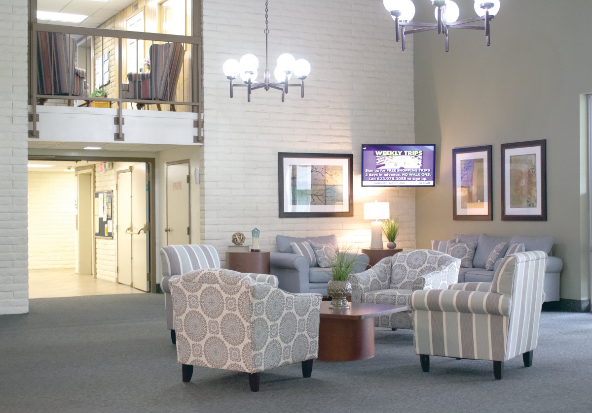 A modern lobby with comfortable seating and stylish decor.