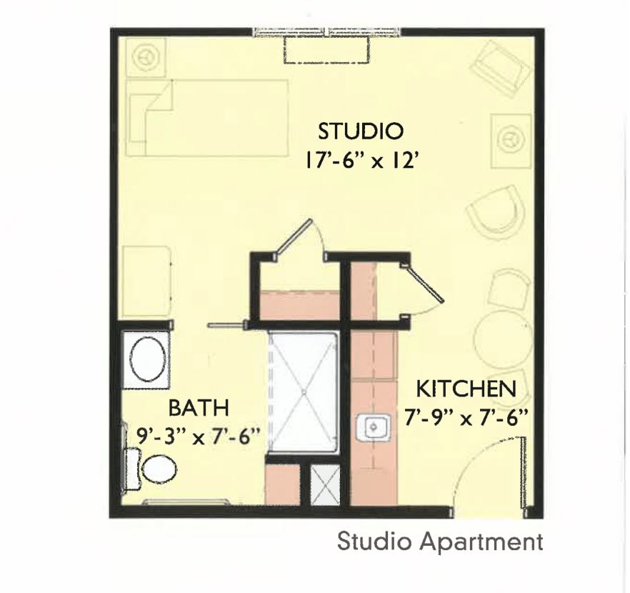 Floor plan of a studio apartment showing the layout of the studio, kitchen, and bath areas.