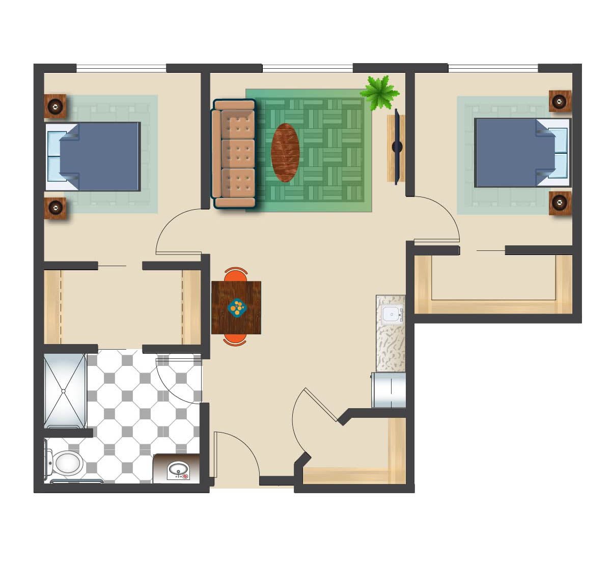 A simple two-bedroom apartment floor plan with a living room and bathroom.