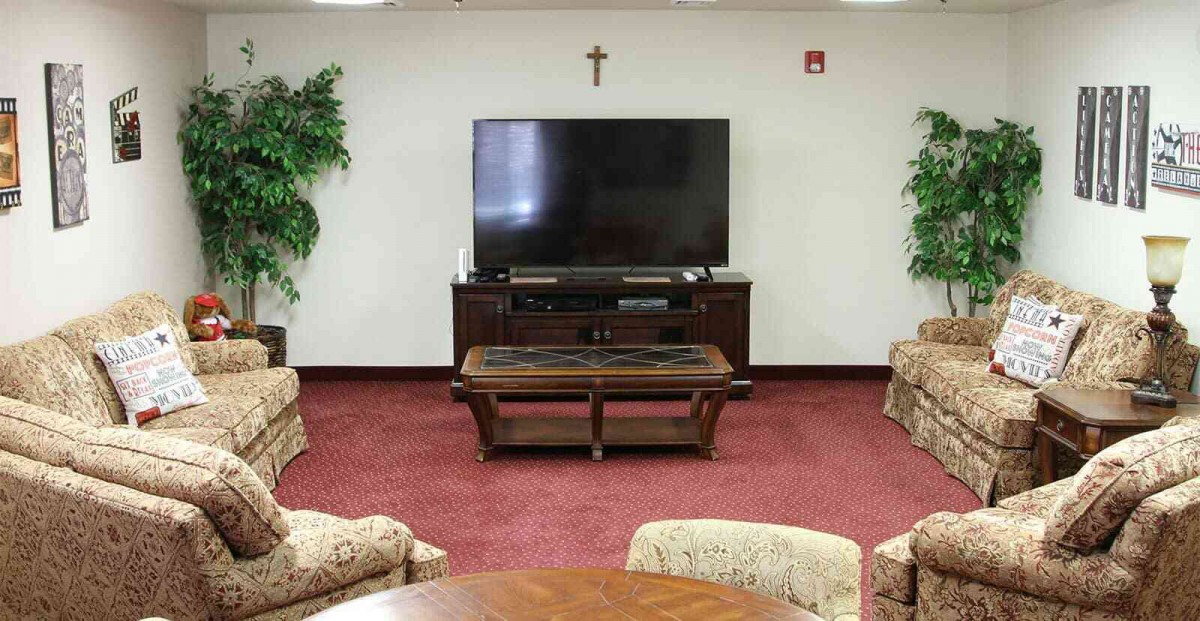 A cozy living room with a television, sofa chairs, and decorative plants.
