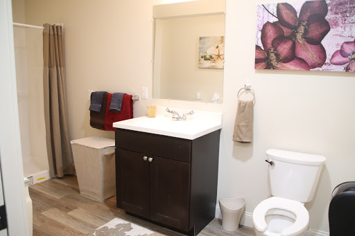 A modern bathroom featuring a stylish vanity, toilet, and decorative elements.