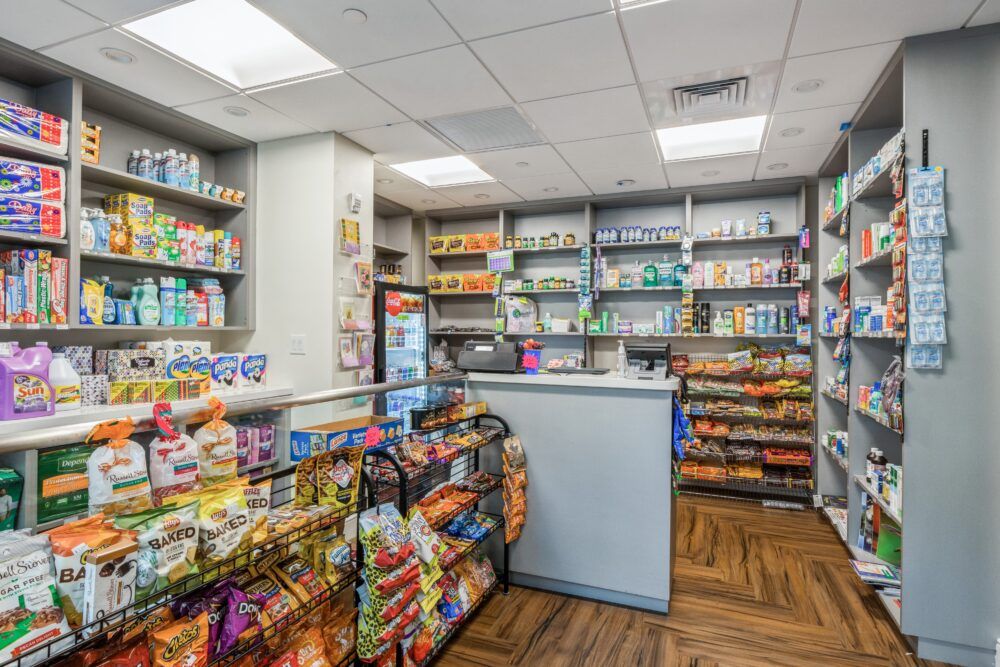 A well-stocked convenience store with a variety of snacks and beverages.